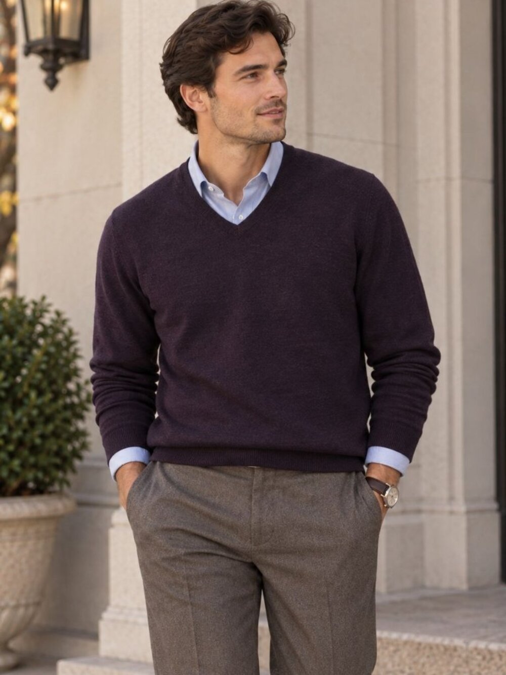 Banana Republic Mens XL 100% Merino Wool Sweater Deep Purple V-Neck Soft Preppy